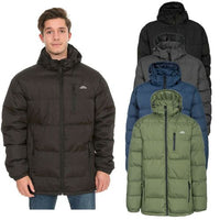 Trespass Clip men's padded hooded jacket shown in black, gray, navy, and green