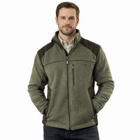 Game Berwick fleece jacket in olive and brown, front view with full zip and chest pocket