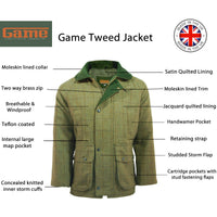 Men's tweed jacket with labeled features, including quilted lining, storm flap and cartridge pockets