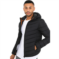 Men's Brave Soul Grant black padded jacket with hood, orange trim and horizontal quilting.