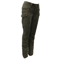 Side view of women's dark olive cargo trousers with flap and zip pockets
