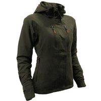 Women's dark olive hooded jacket with two chest zip pockets