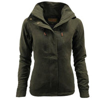 Women's dark olive jacket with open hood and front zip pockets