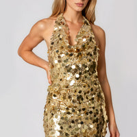 Gold Sequin Halter Neck Mini Dress-0