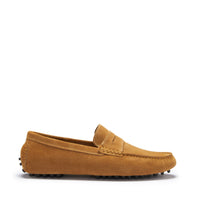 Tan suede penny driving loafer with stitched apron toe and rubber pod sole.