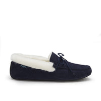 Navy suede sheepskin slipper with cream lining and lace-up detail
