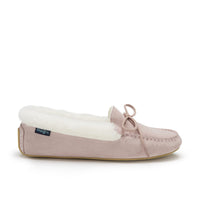Pink suede sheepskin slipper with white fleece lining and bow detail