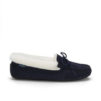 Navy suede sheepskin slipper with a cream lining and tied bow