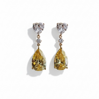 Gold teardrop earrings with yellow topaz and clear stone accents, dangle style