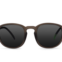 Dark tinted round-lens sunglasses with brown frames and green temple accents