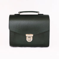Top-handle dark green leather briefcase with front flap and buckle clasp