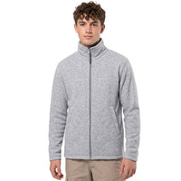 Men's heather gray fleece jacket with matching zipper, stand collar and zip pockets.