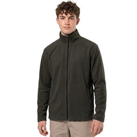 Men’s dark olive fleece jacket with full zip, stand collar and side pockets