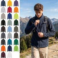 Men’s navy fleece jacket shown outdoors, with a full-length zipper, stand collar and side pockets; color options shown.