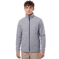 Men's heather gray fleece jacket with navy zipper, stand collar and zip pockets.