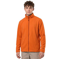 Men’s orange fleece jacket with full zip, stand collar and side pockets