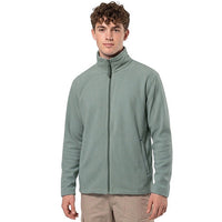 Men's fleece jacket in sage green with a full zip and stand collar.