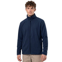 Men’s navy fleece jacket with full zip, stand collar and side pockets