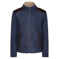 Navy fleece jacket with sherpa-lined collar, brown shoulder panels and front zip