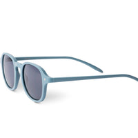 Steel blue sunglasses angled view with dark lenses and slim arms