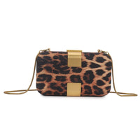 Leopard print clutch bag with gold-tone clasp and shoulder strap