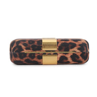 Leopard print clutch bag with gold-tone top clasp, strap not visible