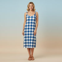 Pattern Slip Dress | Navy Blue Gingham Midi Chiffon Sun Dress