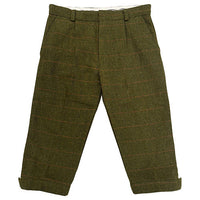 Men's dark sage tweed breeks, front view with thin contrast checks and turned-up cuffs