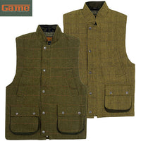 Men's Game tweed gilet in two sage shades, shown front and back with button pockets