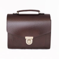 Marsala red leather satchel with top handle and front buckle flap clasp