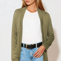 Khaki jersey cardigan with open front and long sleeves, front view