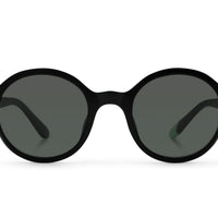 Black round sunglasses with dark lenses, glossy black frame