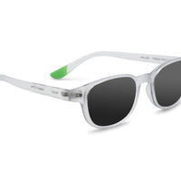 Morris Crystal sunglasses, white frames with green temple accents, black oval lenses
