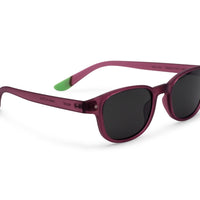 Plum sunglasses with dark lenses and green temple accent