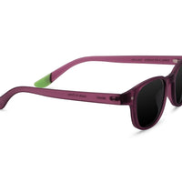 Plum sunglasses with dark lenses and green temple detail, side view