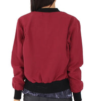 Burgundy women’s bomber jacket, back view, zip front with ribbed knit cuffs