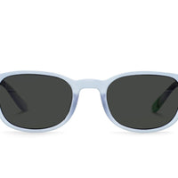 Polarized sunglasses with light blue frames and dark oval lenses