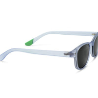 Polarized sunglasses with light blue frames, green hinge detail, and dark side lens