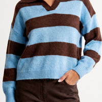 Striped wool-blend jumper with polo collar, blue and brown stripe-knit design