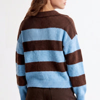 Striped wool-blend jumper with polo collar, blue and brown horizontal stripes, back view