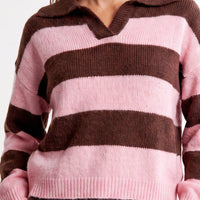 Striped knit jumper with polo collar, pink with wide dark brown stripe