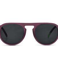 Plum sunglasses with dark lenses and rounded frames