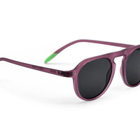 Plum sunglasses, side view, dark lenses and thin green temple accents