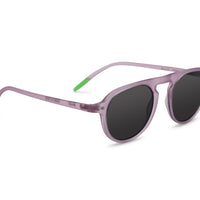 Lavender sunglasses side view with dark lenses and green temple accents
