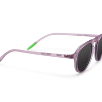Lavender sunglasses angled view with dark lenses and curved brow line
