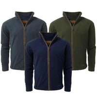 Men's fleece jacket shown in slate blue, navy, and forest green with full zips and stand collars