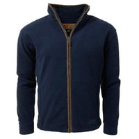 Navy men's fleece jacket with full front zip and stand collar