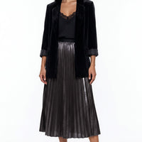 Black satin pleated midi skirt with elastic waistband, full-length view
