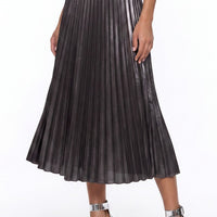 Black satin pleated midi skirt with elastic waistband, side view