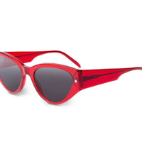 Red sunglasses with dark lenses, wraparound style and translucent temple tips